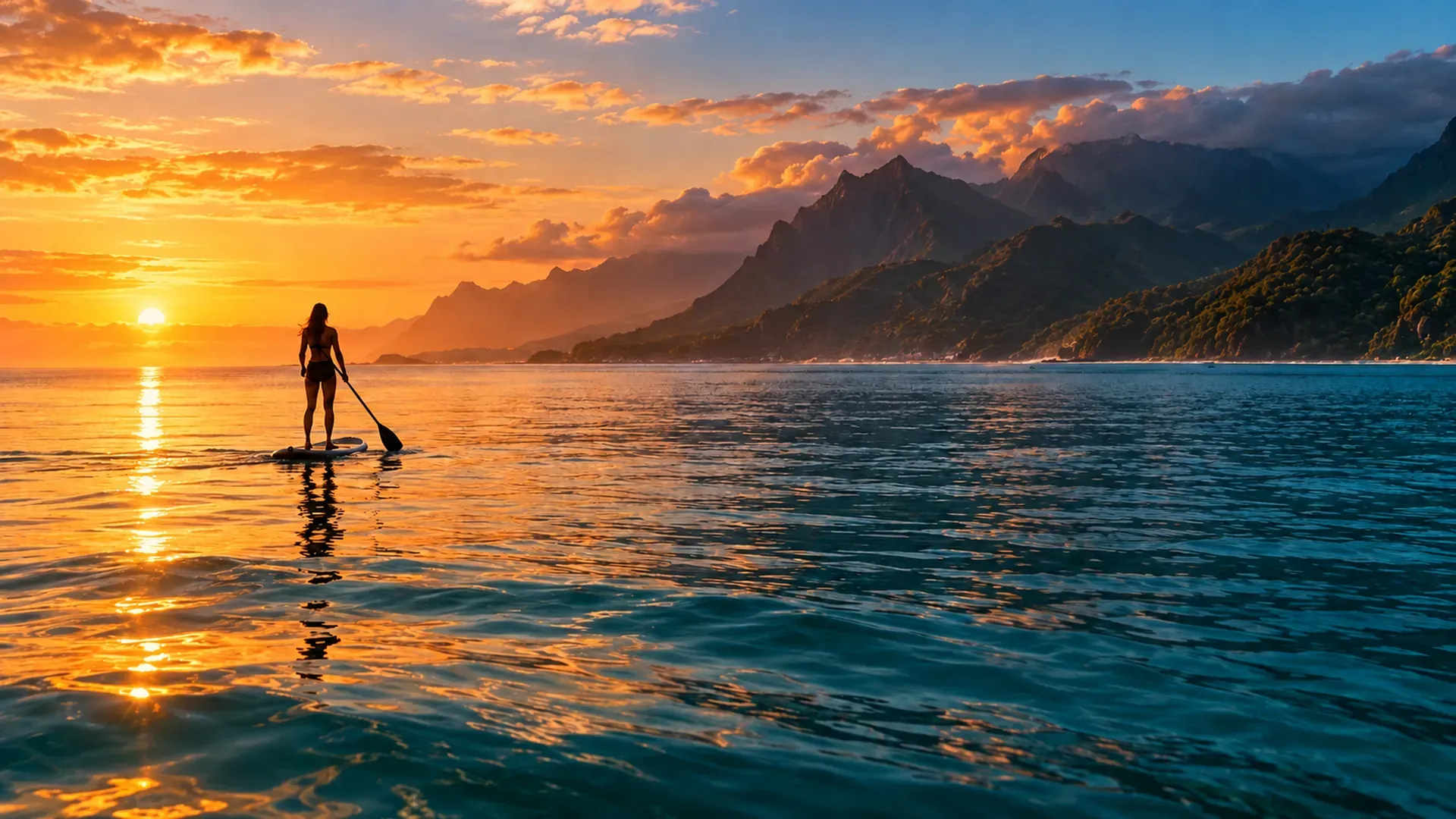 A stand-up paddler on the water at sunset, mountains behind