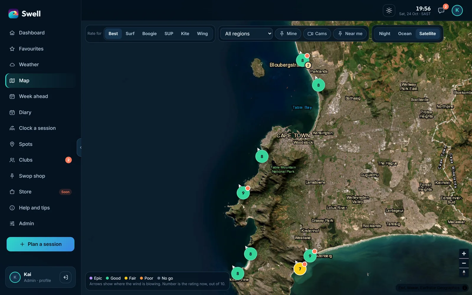 The Swell map on satellite imagery of the Cape Peninsula, pins coloured by rating