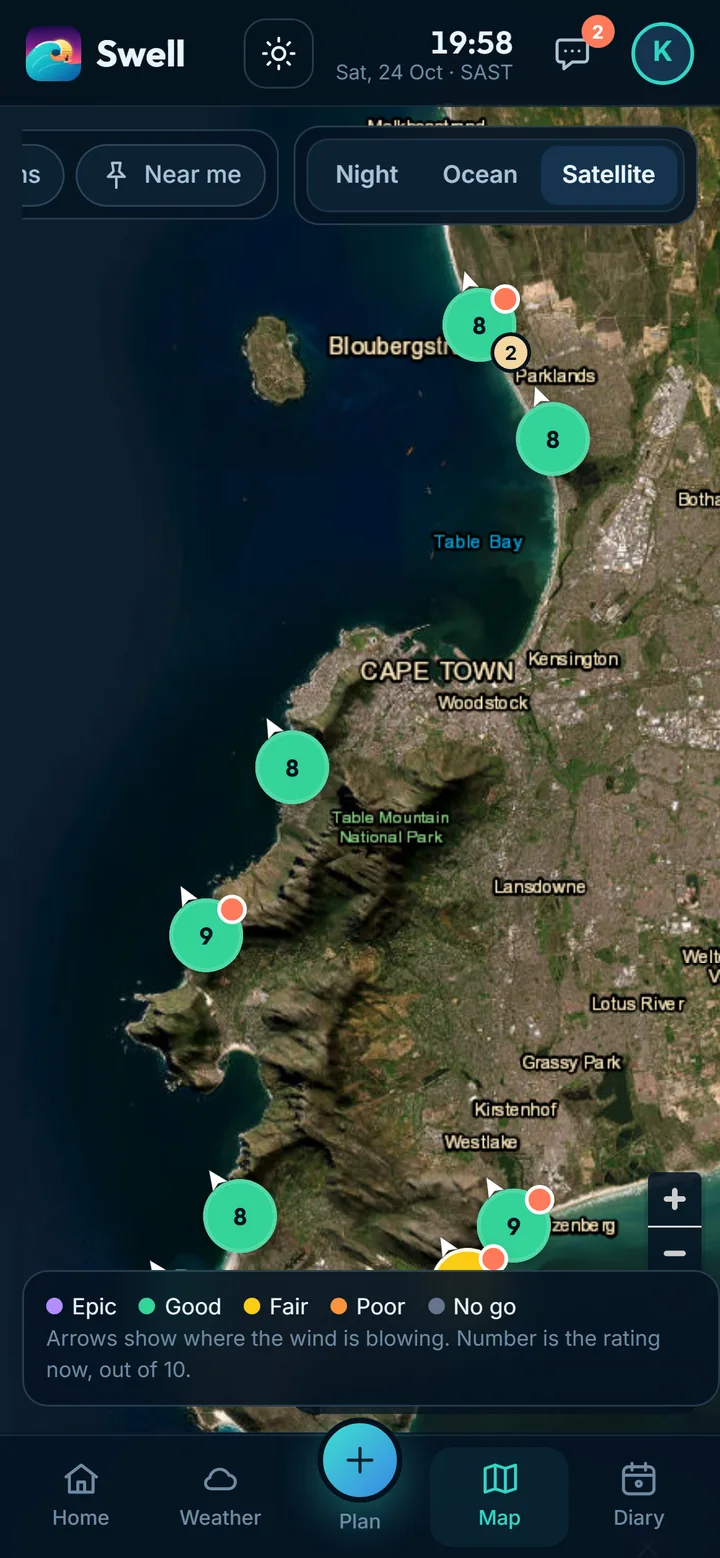 The map on a phone, Table Bay and Bloubergstrand with rated pins