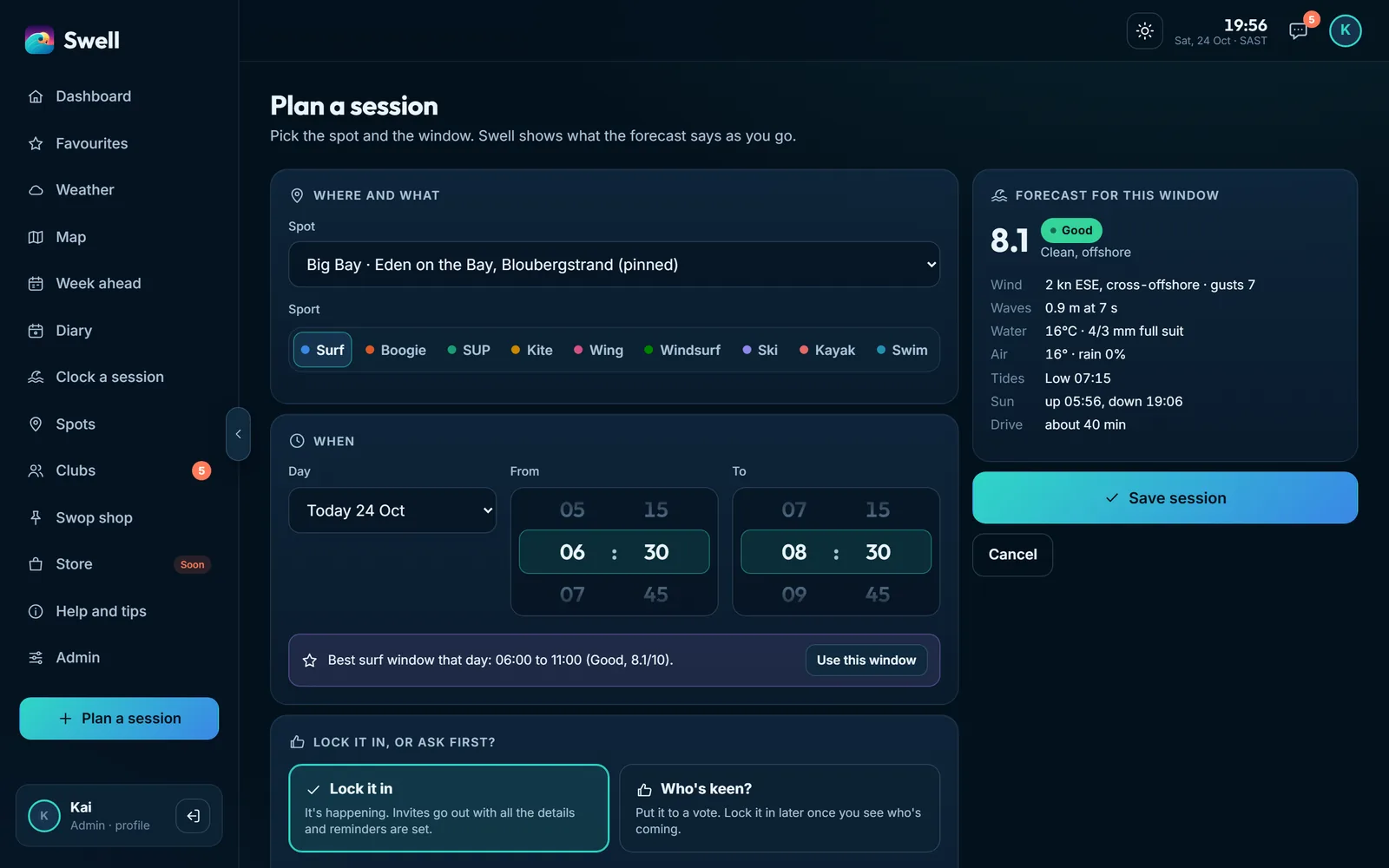 The planner: spot, sport, day and time wheels with a live forecast for the window